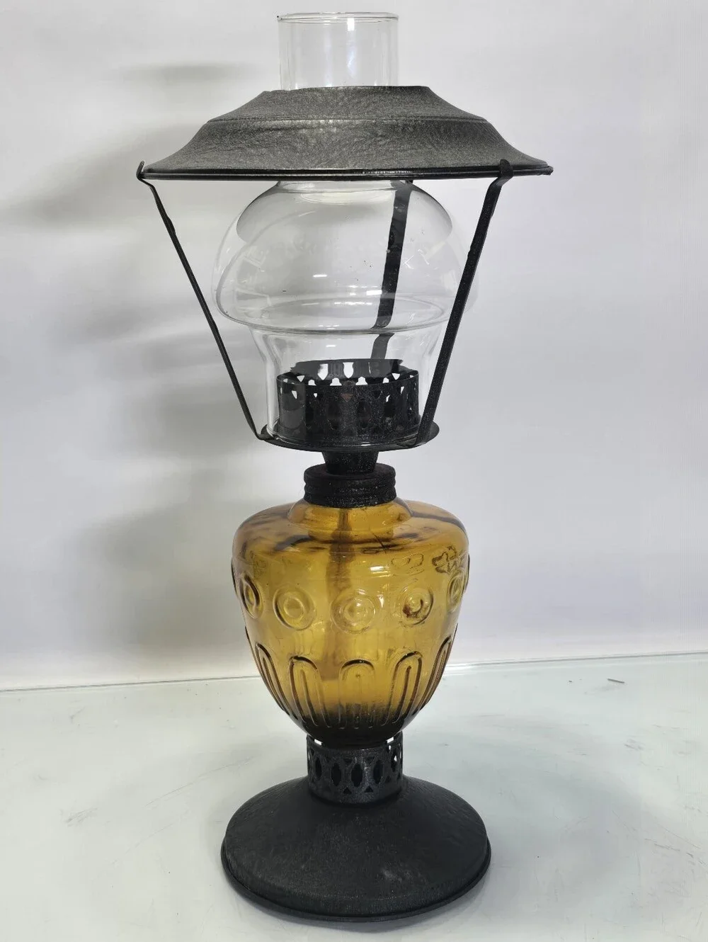 Vintage Amber Glass Hurricane Oil Lamp Metal Shade Pedestal Scalloped Chimney